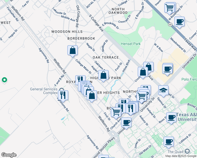 map of restaurants, bars, coffee shops, grocery stores, and more near 4301 College Main Street in Bryan