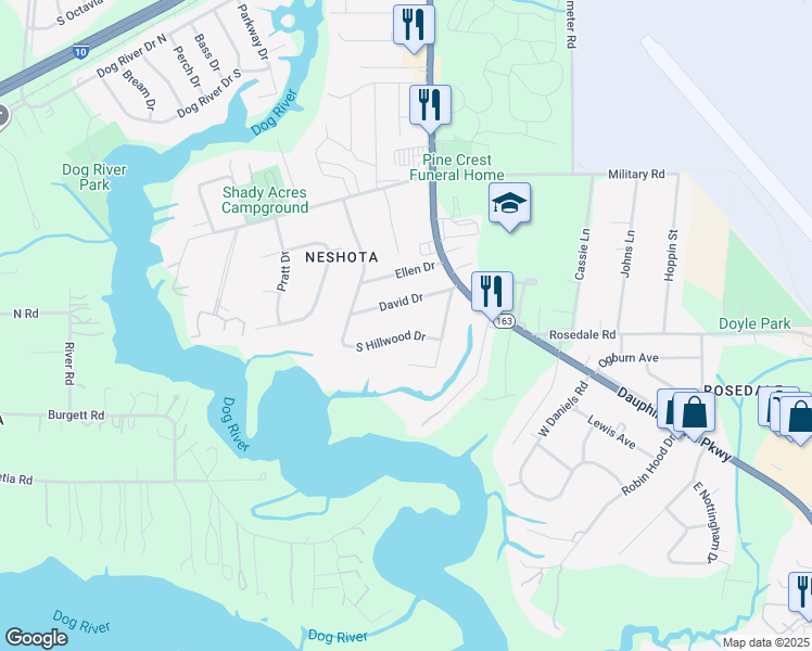 map of restaurants, bars, coffee shops, grocery stores, and more near 2298 South Hillwood Drive in Mobile