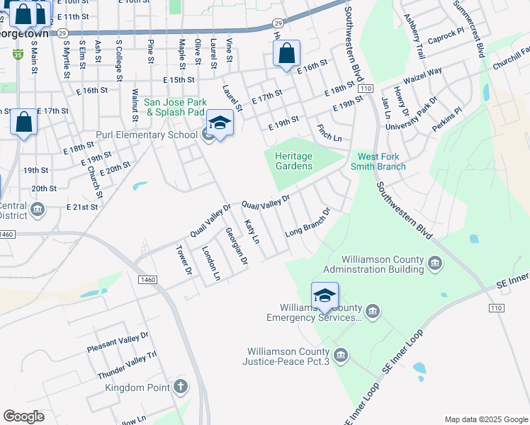 map of restaurants, bars, coffee shops, grocery stores, and more near 2200 Creekside Lane in Georgetown