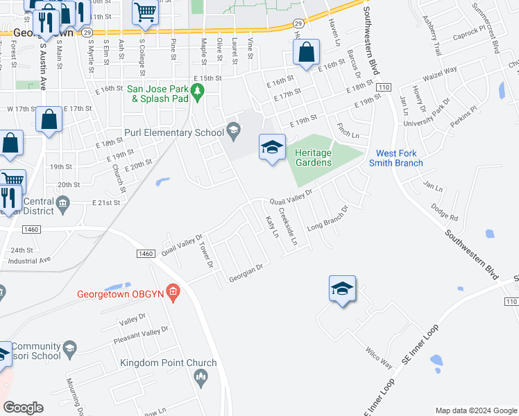 map of restaurants, bars, coffee shops, grocery stores, and more near 2200 Katy Lane in Georgetown