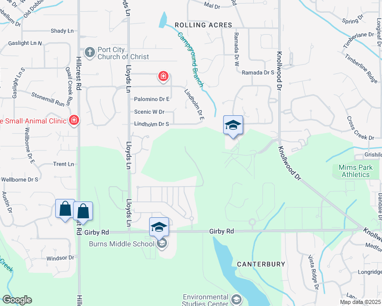 map of restaurants, bars, coffee shops, grocery stores, and more near 5917 Lindholm Drive South in Mobile