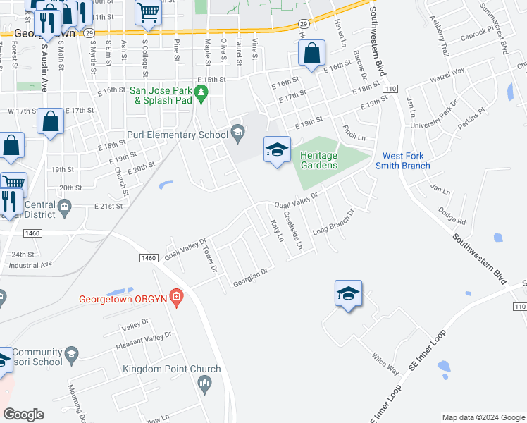 map of restaurants, bars, coffee shops, grocery stores, and more near 2202 Katy Lane in Georgetown