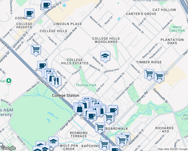 map of restaurants, bars, coffee shops, grocery stores, and more near 510 Brooks Avenue in College Station