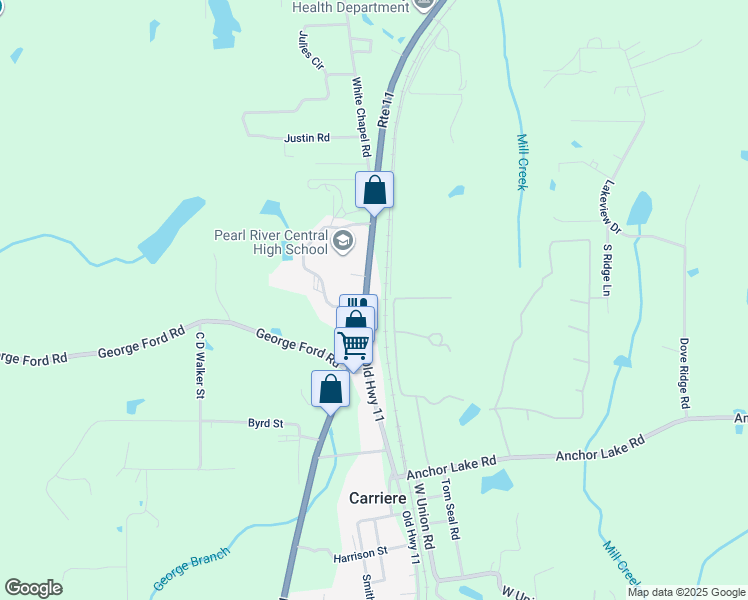 map of restaurants, bars, coffee shops, grocery stores, and more near 7392 U.S. 11 in Carriere