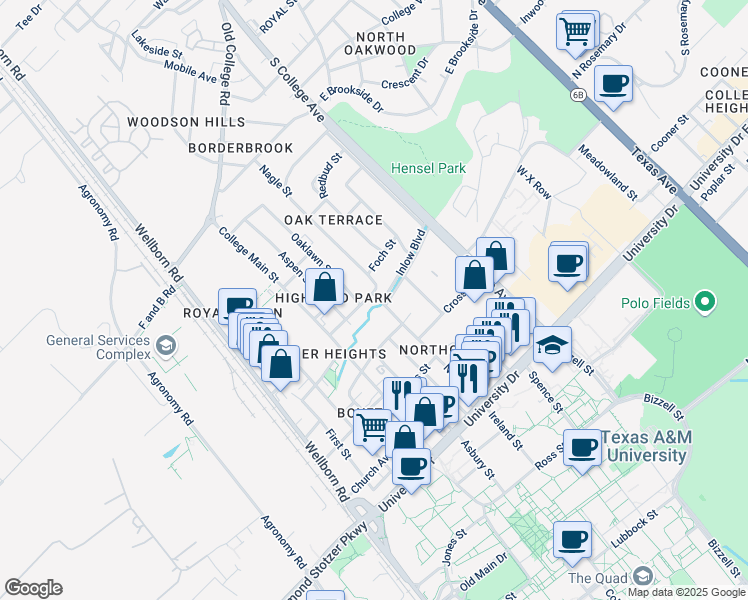 map of restaurants, bars, coffee shops, grocery stores, and more near 401 Foch Street in Bryan