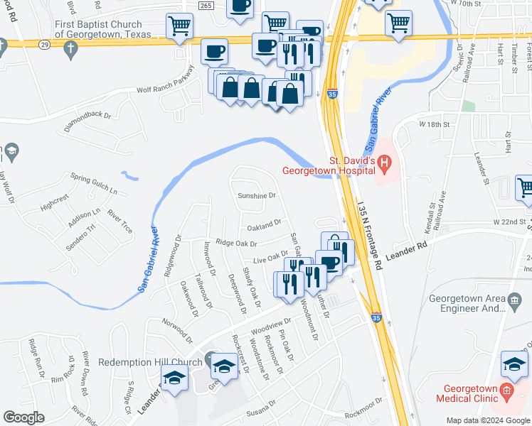 map of restaurants, bars, coffee shops, grocery stores, and more near 509 Meadowbrook Drive in Georgetown