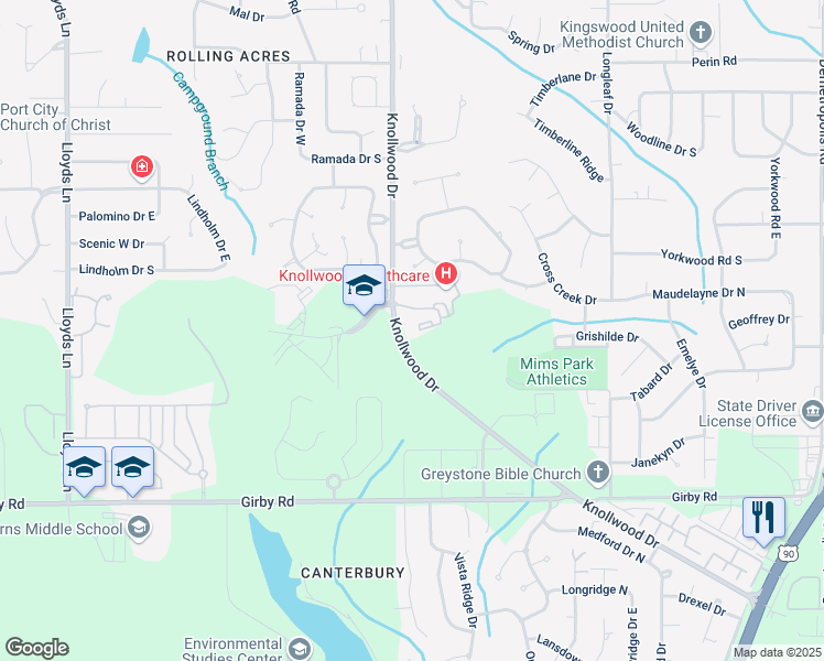 map of restaurants, bars, coffee shops, grocery stores, and more near 3159 Knollwood Drive in Mobile
