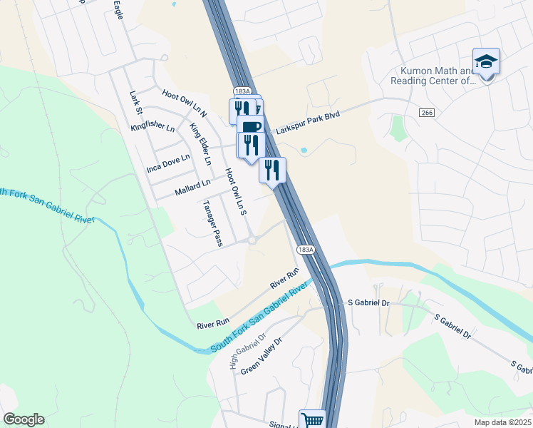 map of restaurants, bars, coffee shops, grocery stores, and more near 748 Hoot Owl Lane South in Leander
