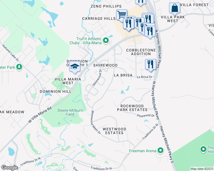 map of restaurants, bars, coffee shops, grocery stores, and more near 2514 Westwood Main Drive in Bryan
