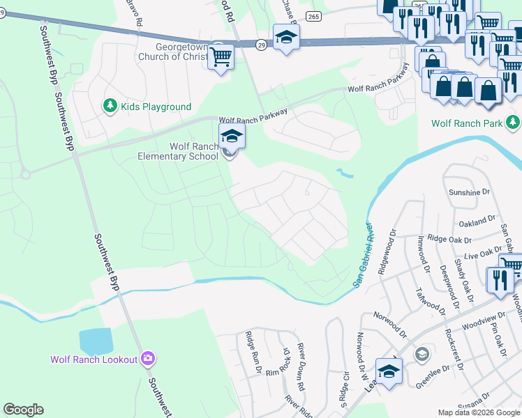 map of restaurants, bars, coffee shops, grocery stores, and more near 530 River Down Road in Georgetown