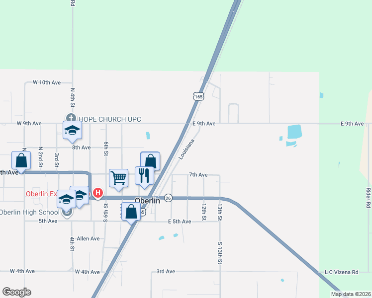 map of restaurants, bars, coffee shops, grocery stores, and more near Louisiana in Oberlin