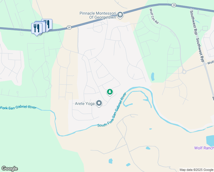 map of restaurants, bars, coffee shops, grocery stores, and more near 653 Peace Pipe Way in Georgetown