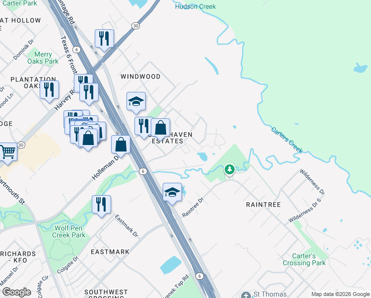 map of restaurants, bars, coffee shops, grocery stores, and more near 2672 Horse Haven Lane in College Station