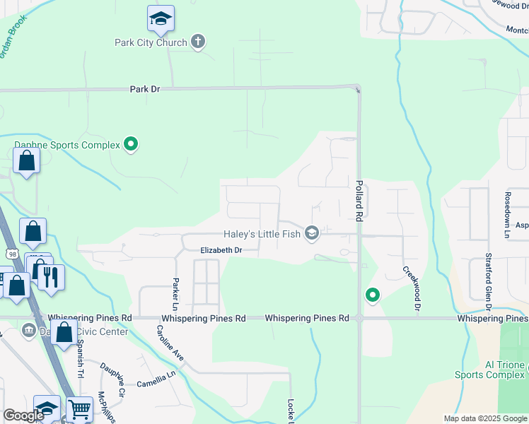 map of restaurants, bars, coffee shops, grocery stores, and more near 27323 Elise Court in Daphne
