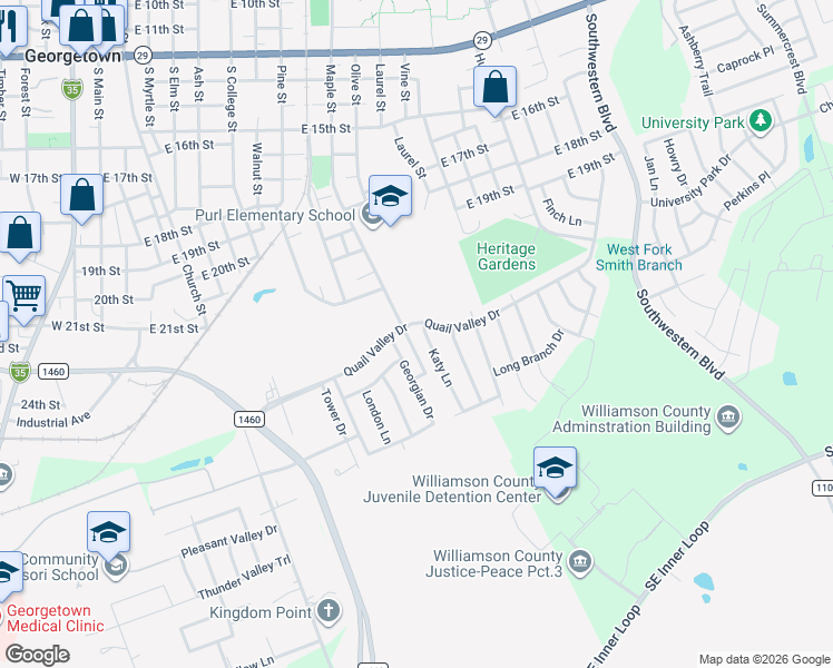 map of restaurants, bars, coffee shops, grocery stores, and more near 2200 Katy Lane in Georgetown