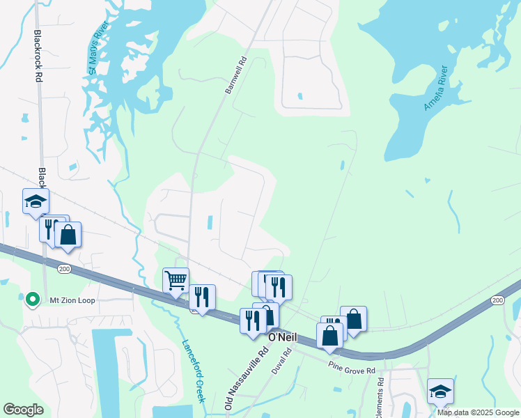 map of restaurants, bars, coffee shops, grocery stores, and more near 93337 Sandown Drive in Fernandina Beach