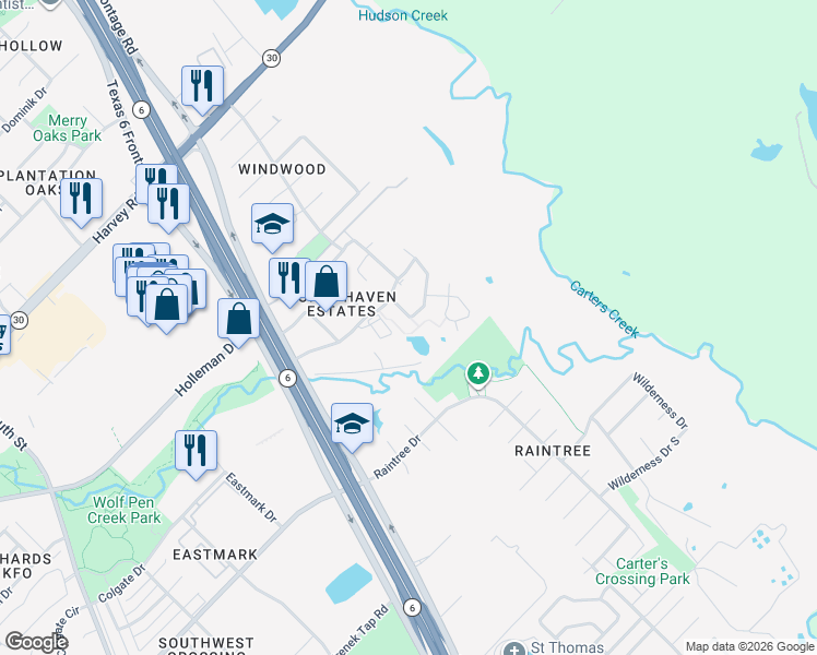 map of restaurants, bars, coffee shops, grocery stores, and more near 2812 Horseback Drive in College Station
