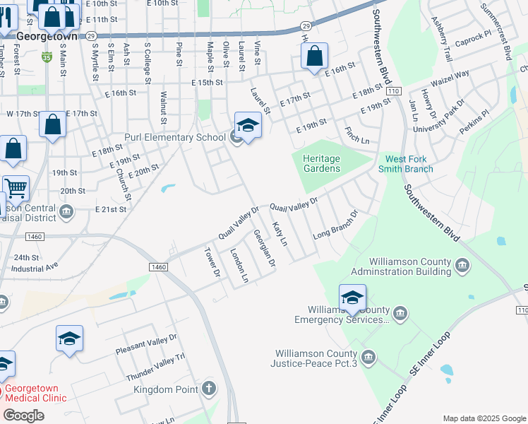 map of restaurants, bars, coffee shops, grocery stores, and more near 2200 Katy Lane in Georgetown