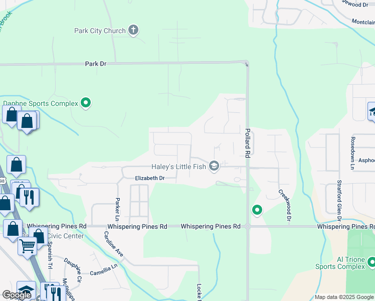 map of restaurants, bars, coffee shops, grocery stores, and more near 27323 Elise Court in Daphne