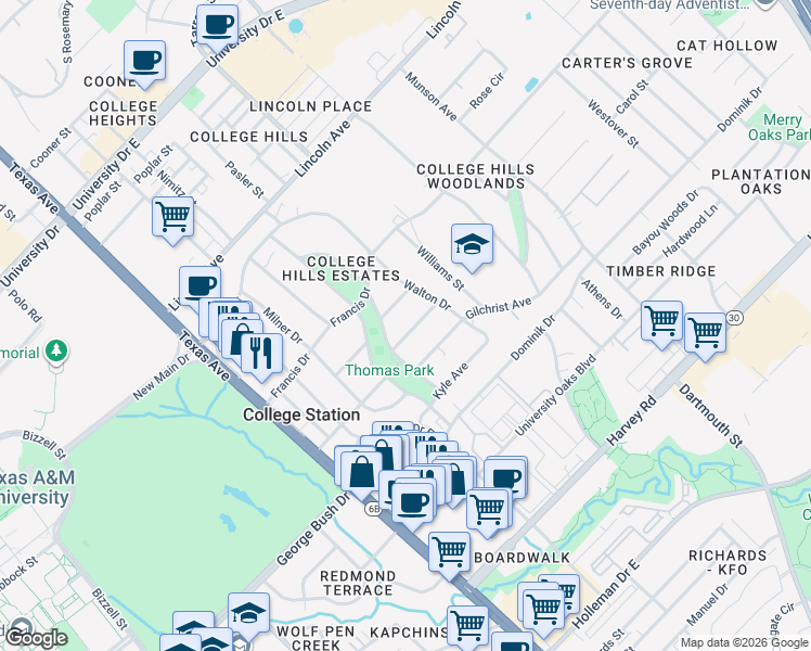 map of restaurants, bars, coffee shops, grocery stores, and more near 507 Brooks Avenue in College Station