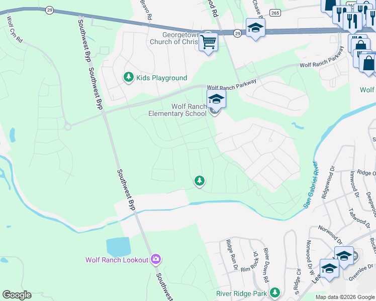 map of restaurants, bars, coffee shops, grocery stores, and more near 585 River Overlook Road in Georgetown