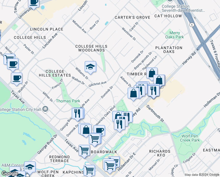 map of restaurants, bars, coffee shops, grocery stores, and more near 733 Dominik Drive in College Station