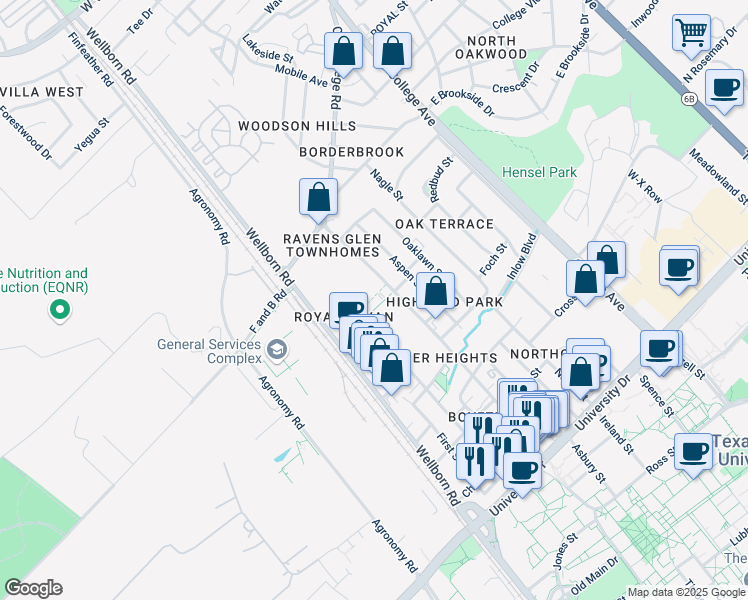 map of restaurants, bars, coffee shops, grocery stores, and more near 4302 College Main Street in Bryan