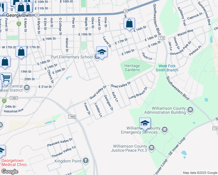 map of restaurants, bars, coffee shops, grocery stores, and more near 2200 Katy Lane in Georgetown