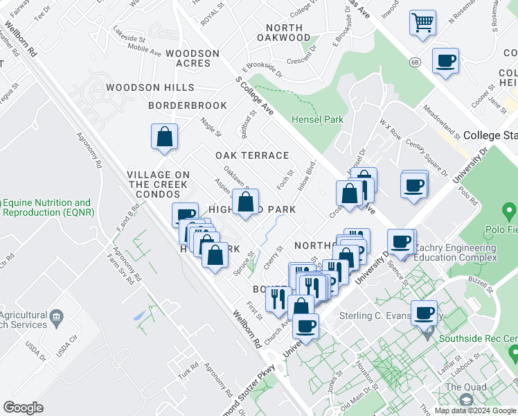 map of restaurants, bars, coffee shops, grocery stores, and more near 4400 Oaklawn Street in Bryan
