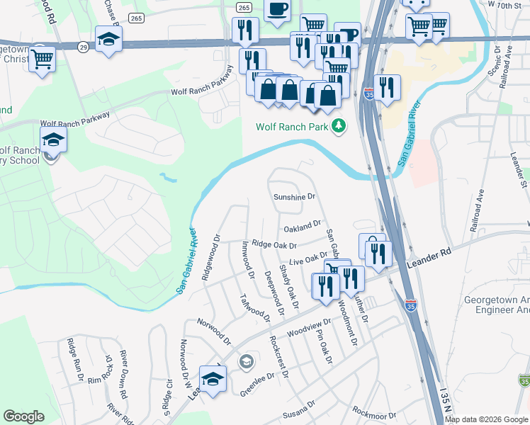 map of restaurants, bars, coffee shops, grocery stores, and more near 412 Deepwood Drive in Georgetown
