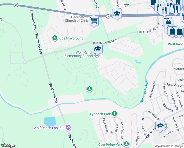 map of restaurants, bars, coffee shops, grocery stores, and more near 705 High Summit Drive in Georgetown
