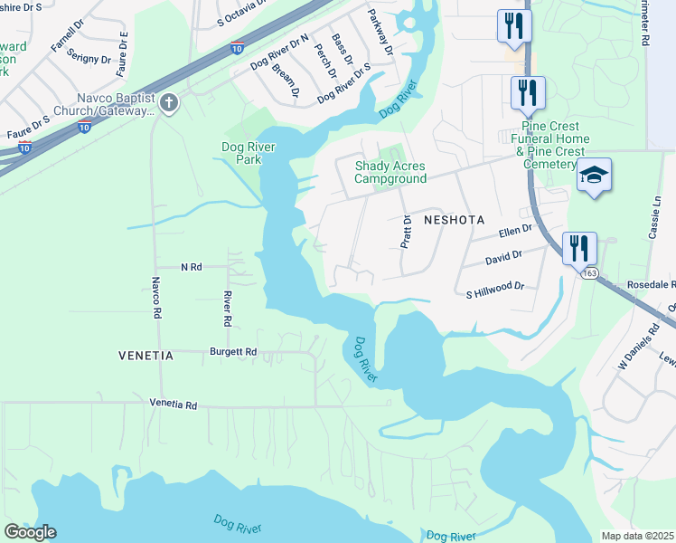 map of restaurants, bars, coffee shops, grocery stores, and more near 335 Riverbend Drive in Mobile
