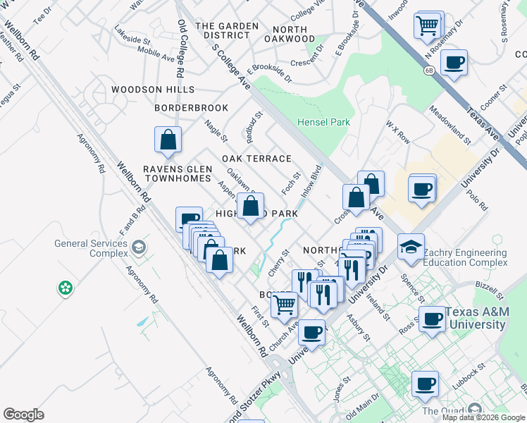 map of restaurants, bars, coffee shops, grocery stores, and more near 4400 Oaklawn Street in Bryan