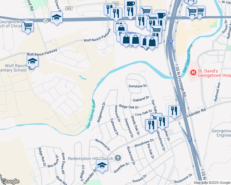 map of restaurants, bars, coffee shops, grocery stores, and more near 505 Innwood Drive in Georgetown