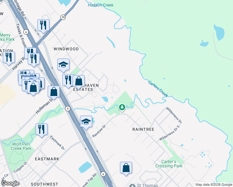 map of restaurants, bars, coffee shops, grocery stores, and more near 6955 Halter Loop in College Station