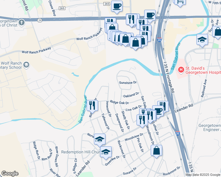 map of restaurants, bars, coffee shops, grocery stores, and more near 505 Innwood Drive in Georgetown