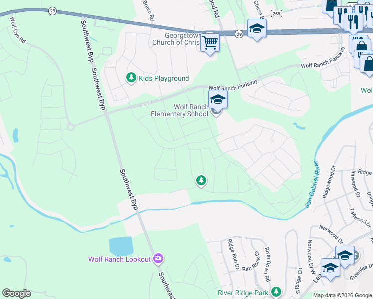 map of restaurants, bars, coffee shops, grocery stores, and more near 585 River Overlook Road in Georgetown