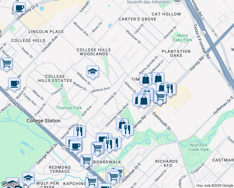 map of restaurants, bars, coffee shops, grocery stores, and more near 1500 Olympia Way in College Station