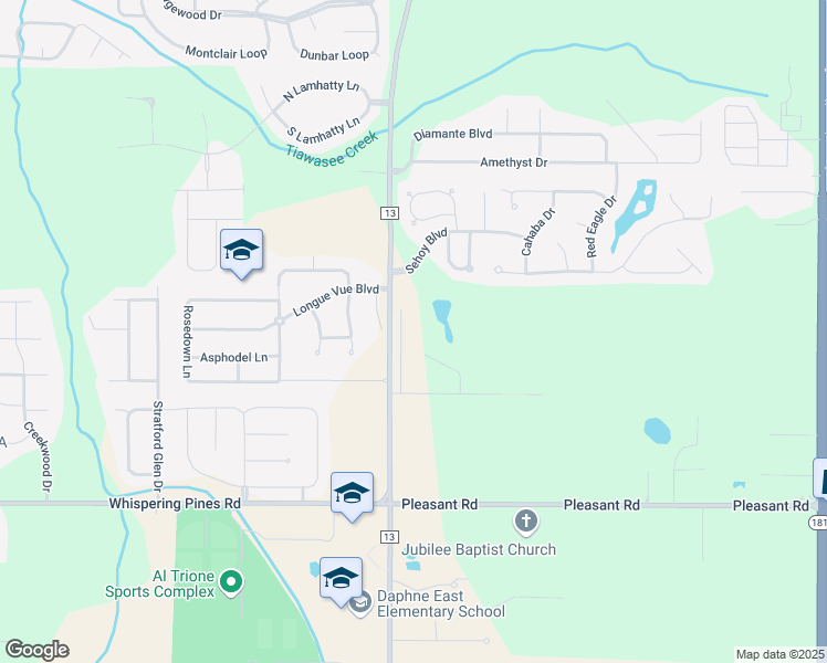 map of restaurants, bars, coffee shops, grocery stores, and more near 27440 County Road 13 in Daphne