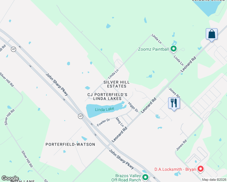 map of restaurants, bars, coffee shops, grocery stores, and more near 420 Higgs Drive in Bryan