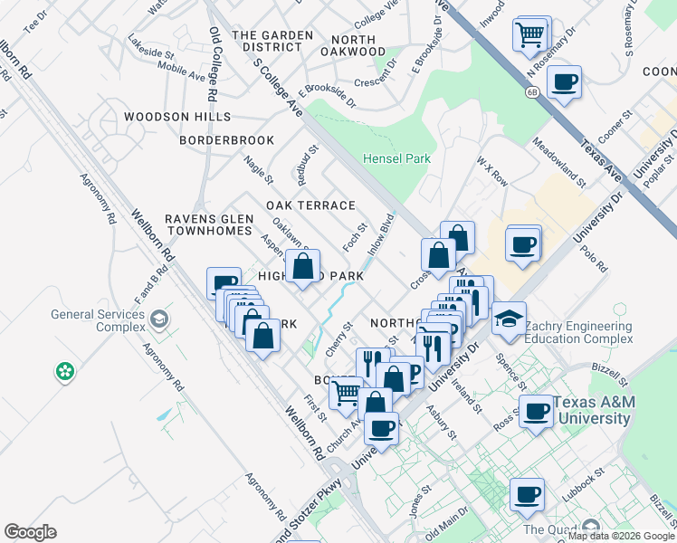 map of restaurants, bars, coffee shops, grocery stores, and more near 401 Foch Street in Bryan