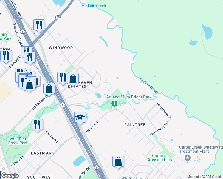 map of restaurants, bars, coffee shops, grocery stores, and more near 6955 Halter Loop in College Station