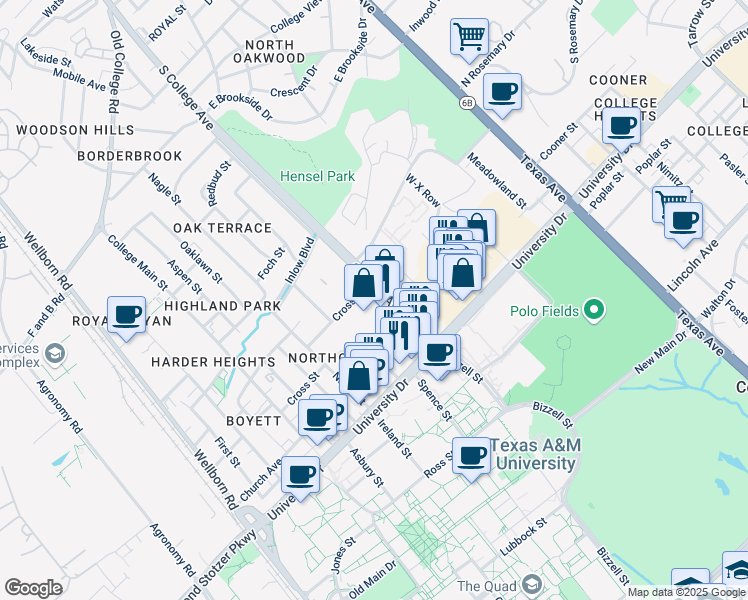 map of restaurants, bars, coffee shops, grocery stores, and more near 317 College Avenue in College Station