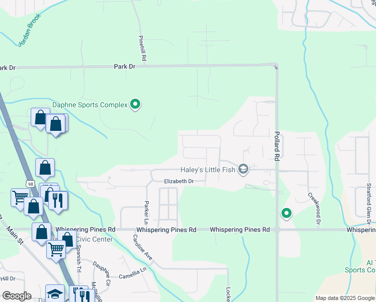 map of restaurants, bars, coffee shops, grocery stores, and more near Kari Lane in Daphne