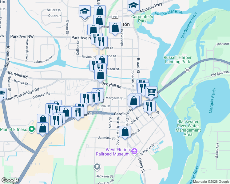 map of restaurants, bars, coffee shops, grocery stores, and more near 6751 Berryhill Road in Milton