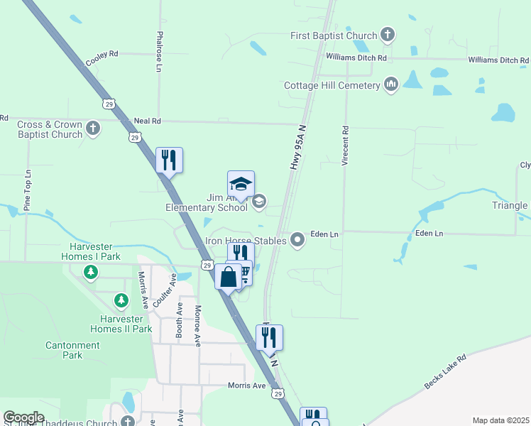 map of restaurants, bars, coffee shops, grocery stores, and more near 1051 Florida 95A in Escambia County