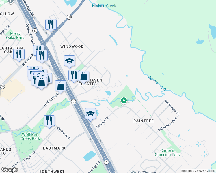 map of restaurants, bars, coffee shops, grocery stores, and more near 2812 Horseback Drive in College Station