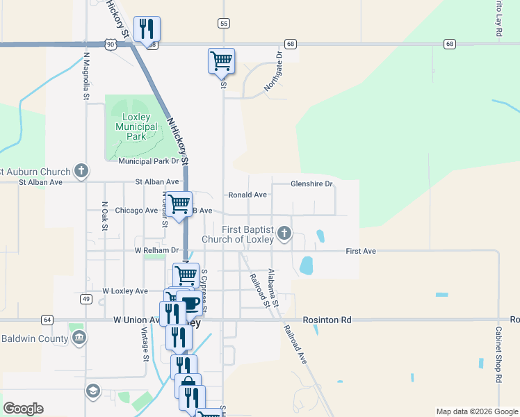 map of restaurants, bars, coffee shops, grocery stores, and more near 4095 B Avenue in Loxley