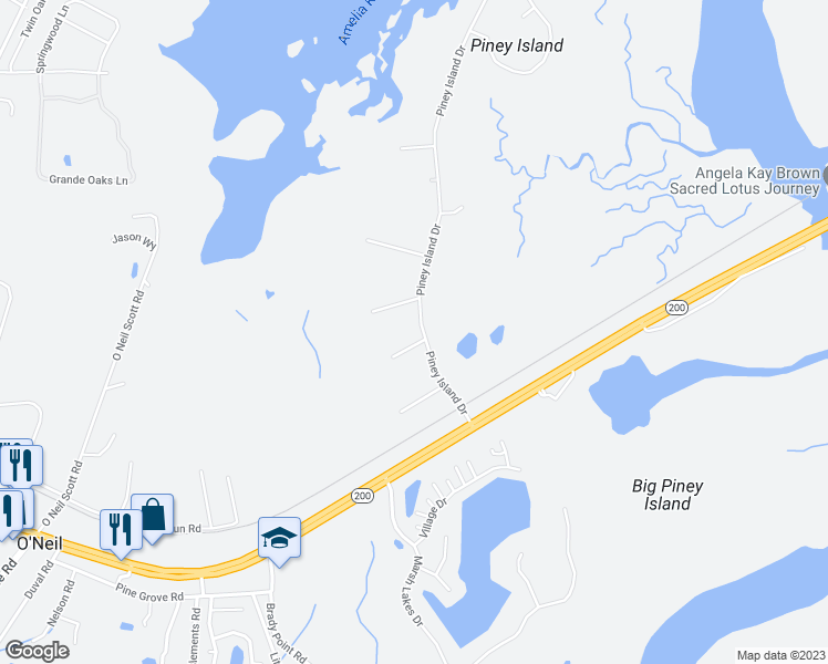 map of restaurants, bars, coffee shops, grocery stores, and more near 92071 Crane Drive in Fernandina Beach