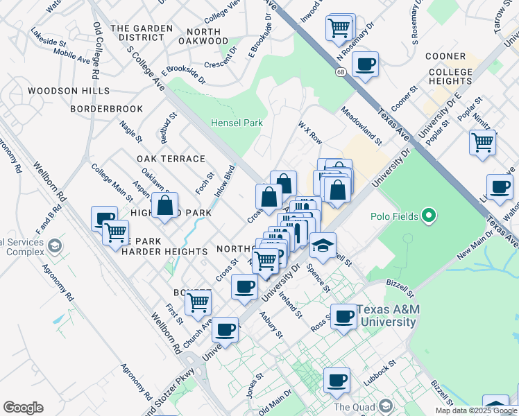 map of restaurants, bars, coffee shops, grocery stores, and more near 907 Cross Street in College Station